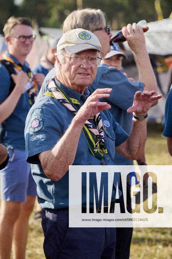 King Carl XVI Gustaf scout, and visit scout camp 2026-07-31 KRISTIANSTAD SWEDEN , King Carl XVI Gustaf are visiting the Jamboree 26 scout camp in Kristianstad in south Sweden., The King has been a scout himself since childhood., PICTURE: King Carl XV Gustaf visit scout camp., PHOTO:hbg-bild mega. 31 Jul 2026 Pictured: King Carl XVI Gustaf of Sweden visit scoutcamp in south Sweden.