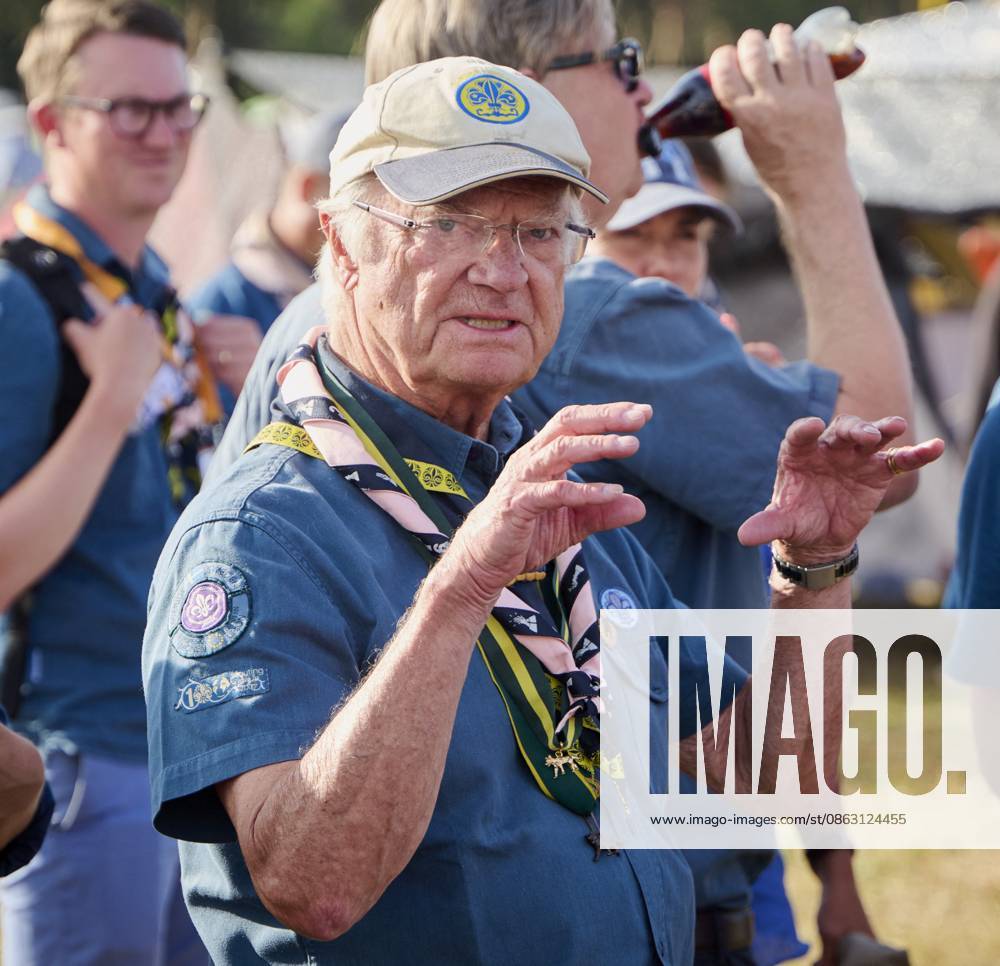 King Carl XVI Gustaf scout, and visit scout camp 2026-07-31 KRISTIANSTAD SWEDEN , King Carl XVI Gustaf are visiting the Jamboree 26 scout camp in Kristianstad in south Sweden., The King has been a scout himself since childhood., PICTURE: King Carl XV Gustaf visit scout camp., PHOTO:hbg-bild mega. 31 Jul 2026 Pictured: King Carl XVI Gustaf of Sweden visit scoutcamp in south Sweden.