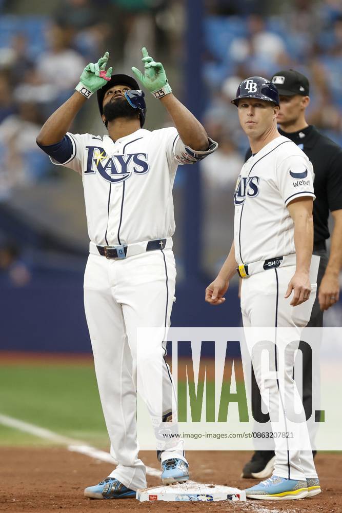 Tampa Bay Rays third baseman Junior Caminero (13) reacts after his single against the Chicago White Sox during the eighth inning on Sunday, Aug. 2, 2026 in St. Petersburg. St. Petersburg USA - ZUMAs70_ 20260802_zan_s70_018