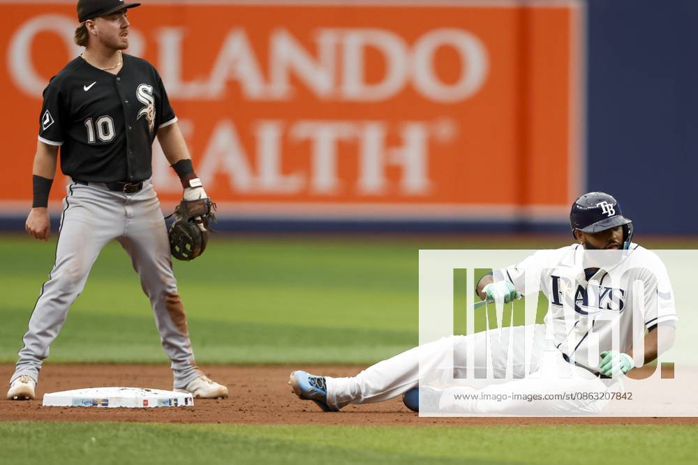 Tampa Bay Rays third baseman Junior Caminero (13) slides into second base but is out during a double play in the eighth inning against the Chicago White Sox on Sunday, Aug. 2, 2026 in St. Petersburg. St. Petersburg USA - ZUMAs70_ 20260802_zan_s70_019