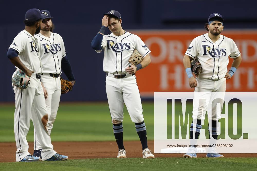 Tampa Bay Rays third baseman Junior Caminero (13) , right fielder Ryan Vilade (26), second baseman Ben Williamson (15), and first baseman Jonathan Aranda (8) gather together during a change in pitches during the ninth inning on Sunday, Aug. 2, 2026 in St. Petersburg. St. Petersburg USA - ZUMAs70_ 20260802_zan_s70_024