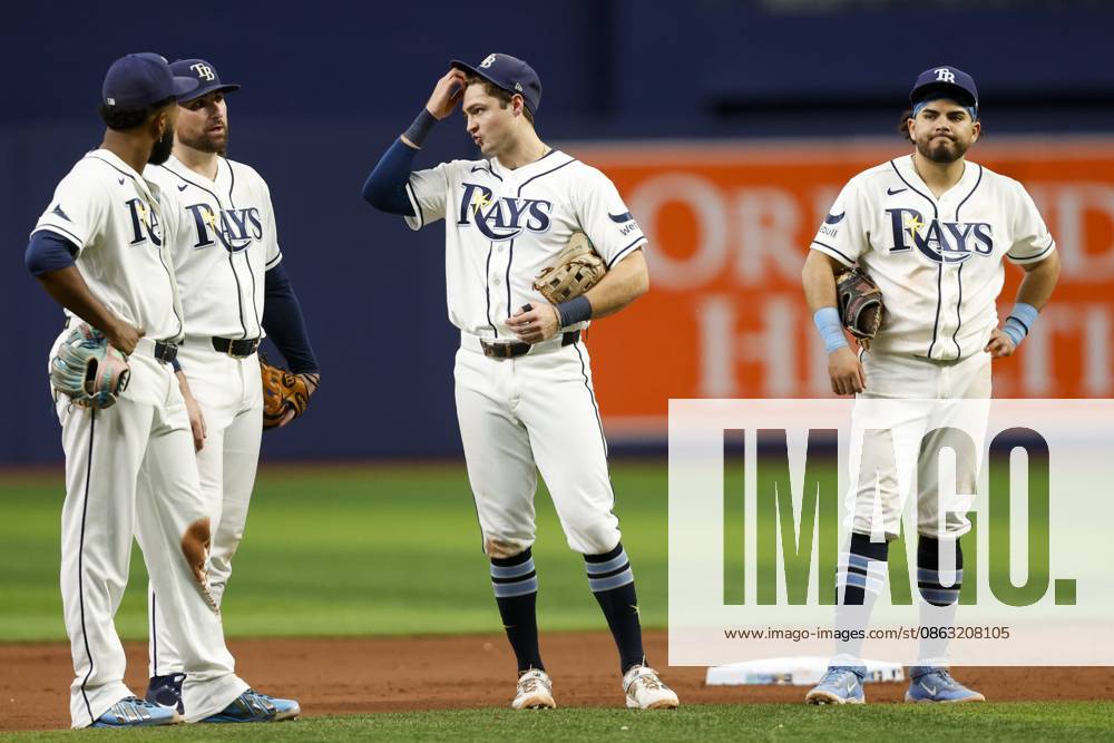 Tampa Bay Rays third baseman Junior Caminero (13) , right fielder Ryan Vilade (26), second baseman Ben Williamson (15), and first baseman Jonathan Aranda (8) gather together during a change in pitches during the ninth inning on Sunday, Aug. 2, 2026 in St. Petersburg. St. Petersburg USA - ZUMAs70_ 20260802_zan_s70_025