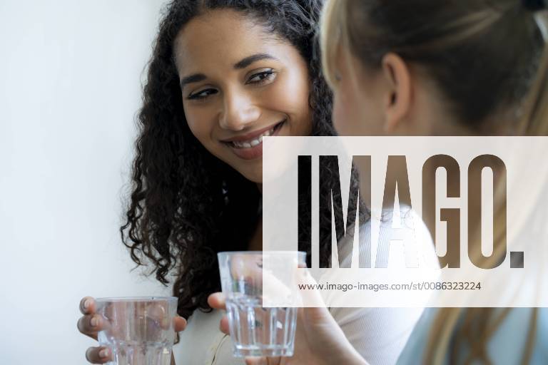 Two female friends holding glasses, having a drink model released Symbolfoto property released HHLMF00344