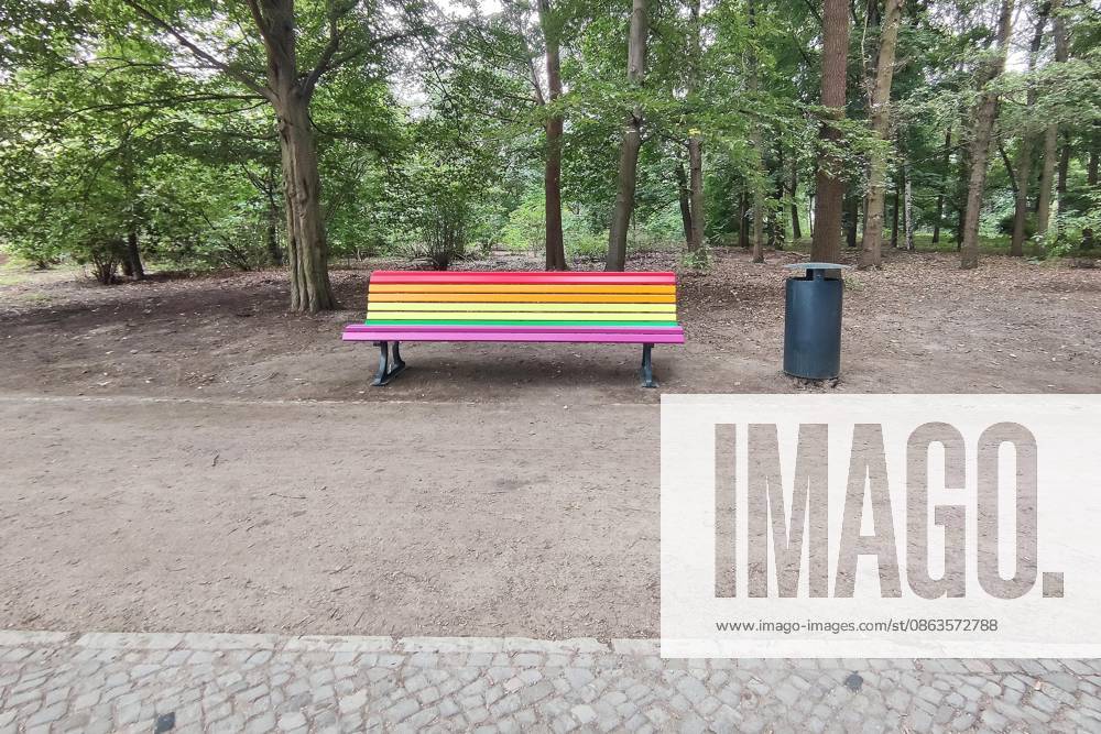 Berlin, Germany, August 7, 2026, Tiergarten: A rainbow-colored bench was set up at the crime scene, and a new tree was planted across the street.