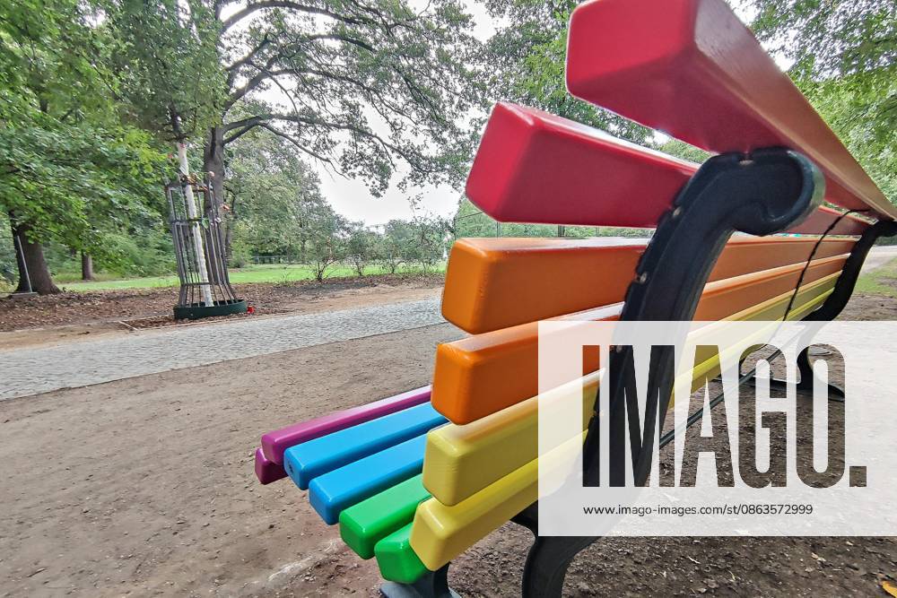 Berlin, Germany, August 7, 2026, Tiergarten: A rainbow-colored bench was set up at the crime scene, and a new tree was planted across the street.