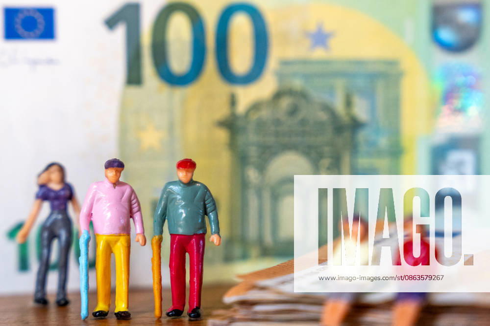 Bavaria, Germany August 7, 2026: Elderly people, symbolizing seniors and those in need of care, stand in front of euro banknotes. The image links the need for care in old age with care benefits, rising care costs, and the financing of care.