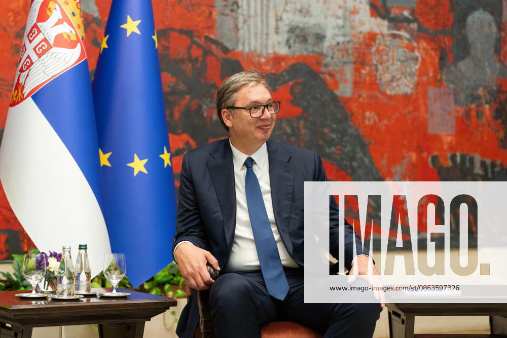 202688, Belgrade, Serbia - Serbian President VUCIC ALEKSANDAR hosts Ukrainian President VOLODYMYR ZELENSKYY during his official visit to the Republic of Serbia at the Palace of Serbia. Belgrade Serbia - ZUMAd223 20260808_zip_d223_019