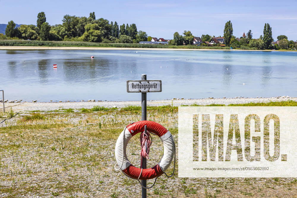 Beach on the island of Reichenau in Lake Constance; low water levels are a cause for concern; access to the water is difficult; a lifebuoy far from the shore; August 7, 2026, Reichenau, Baden-Württemberg, Germany
