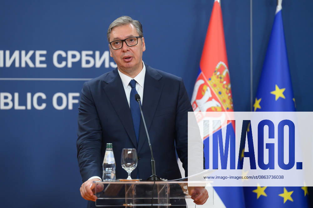Serbian president Aleksandar Vucic speaks during meeting with Ukrainian president Volodymyr Zelenskyy President Aleksandar Vucic. President Volodymyr Zelenskyy visiting Belgrade Serbia on August 8, 2026. Official Visit of the President of Ukraine to Serbia, Credit:Press Service Of The President Of Ukraine B66 Avalon Serbia, Belgrade