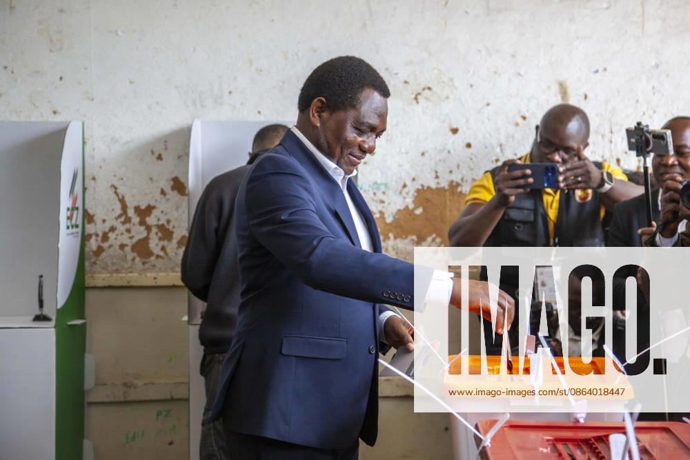 (260813) -- LUSAKA, Aug. 13, 2026 -- Incumbent Zambian President Hakainde Hichilema casts his vote at a polling station in Lusaka, Zambia, on Aug. 13, 2026. Zambian voters turned out in large numbers on Thursday to cast their ballots in the general elections amid a largely peaceful atmosphere. (Photo by Xinhua) ZAMBIA-LUSAKA-ELECTION-VOTE MartinxMbangweta