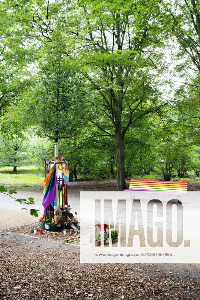 Berlin, August 18, 2026: A maple tree and a rainbow-colored bench serve as a memorial to the Islamic terrorist attack during the CSD on July 25, 2026, in the Tiergarten