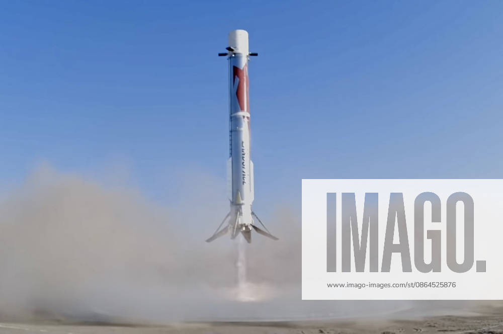 (260820) -- BEIJING, Aug. 20, 2026 () -- This screenshot from a video clip shows the first stage of the Zhuque-3 Y2 rocket making its land-based recovery, Aug. 19, 2026. China launched the reusable rocket Zhuque-3 on Wednesday morning, achieving its first recovery of a rocket s first stage on land. The Zhuque-3 Y2 rocket blasted off at 7:35 a.m. (Beijing Time) from the Dongfeng commercial space innovation pilot zone in northwest China. The land-based recovery was completed as planned, with the rocket s first stage touching down smoothly at the designated position in the recovery site. The second stage sent the onboard Honghu-03 satellite into preset orbit. The flight mission was a complete success. (LandSpace Handout via ) PHOTOS OF