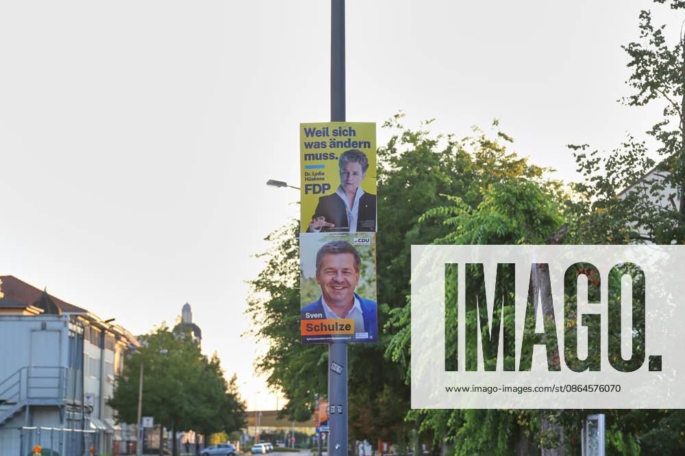 Bitterfeld-Wolfen, Saxony-Anhalt, Germany, August 20, 2026: Election posters for the 2026 state election featuring Lydia Hüskens (FDP) and Sven Schulze (CDU)