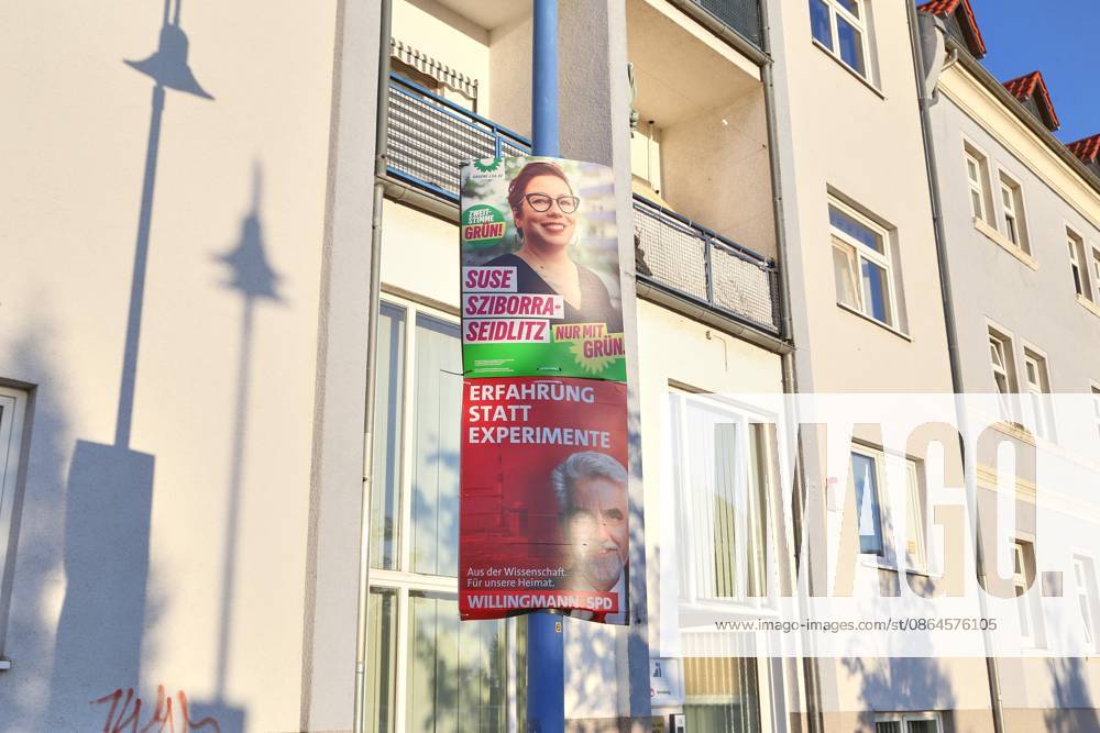Bitterfeld-Wolfen, Saxony-Anhalt, Germany, August 20, 2026: Election posters for the 2026 state election featuring Susan Sziborra Seidlitz (Greens) and Armin Willingmann (SPD)