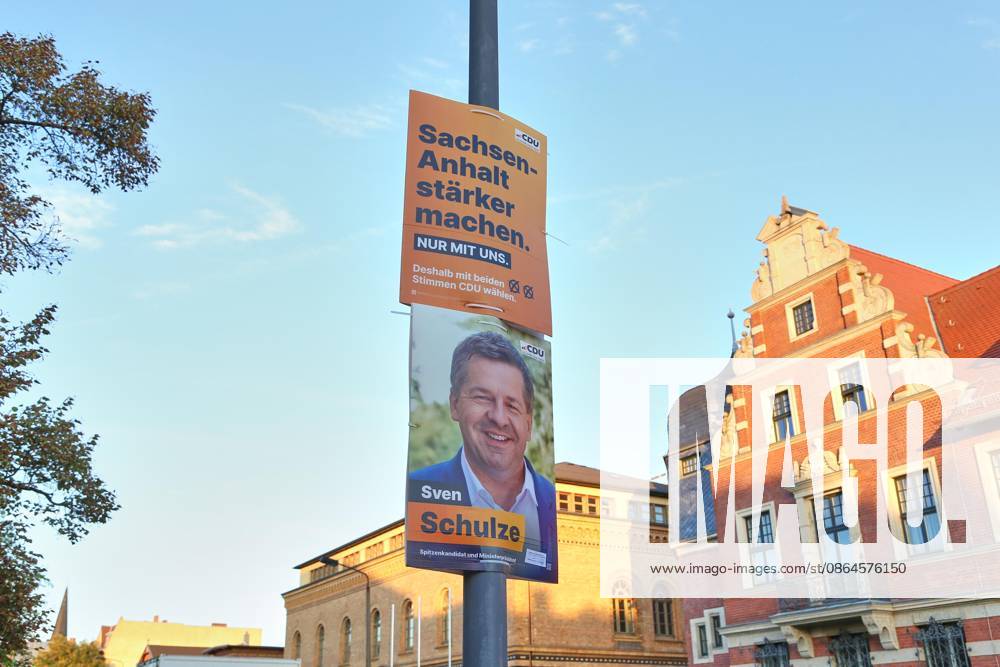 Bitterfeld-Wolfen, Saxony-Anhalt, Germany, August 20, 2026: Campaign posters for the 2026 state election featuring Sven Schulze of the CDU