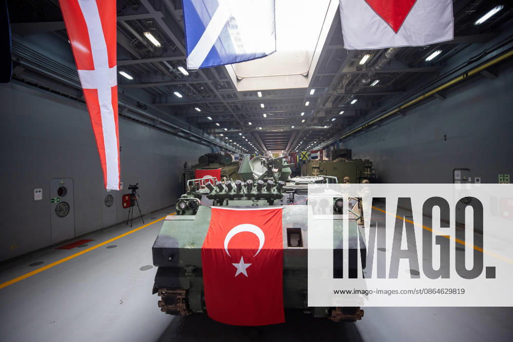 TEKNOFEST Blue Homeland KOCAELI, TURKIYE - AUGUST 23: An armored military vehicle draped with a Turkish flag is displayed during TEKNOFEST Blue Homeland at the Golcuk Naval Shipyard Command in Kocaeli, Turkiye, on August 23, 2026. TCG Sancaktar carries out military missions including amphibious operations and mine-laying, and can also serve as a hospital, logistics support and evacuation ship in disaster zones. The event, organized under the leadership of the Turkish Ministry of National Defense and the Turkish Technology Team Foundation (T3 Foundation), with Anadolu serving as its Global Communication Partner, continues on its final day. Ibrahim Yozoglu Anadolu Kocaeli Turkey. Editorial use only. Please get in touch for any other usage.