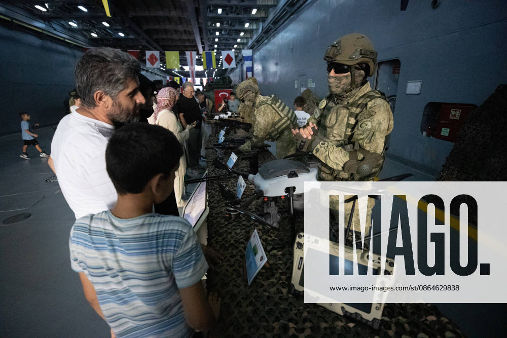 TEKNOFEST Blue Homeland KOCAELI, TURKIYE - AUGUST 23: Visitors tour TCG Sancaktar (L-403) as Turkish Navy personnel stand during TEKNOFEST Blue Homeland at the Golcuk Naval Shipyard Command in Kocaeli, Turkiye, on August 23, 2026. TCG Sancaktar carries out military missions including amphibious operations and mine-laying, and can also serve as a hospital, logistics support and evacuation ship in disaster zones. The event, organized under the leadership of the Turkish Ministry of National Defense and the Turkish Technology Team Foundation (T3 Foundation), with Anadolu serving as its Global Communication Partner, continues on its final day. Ibrahim Yozoglu Anadolu Kocaeli Turkey. Editorial use only. Please get in touch for any other usage.