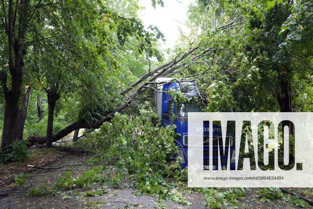 Riga, Latvija: The aftermath of a powerful storm is seen in Riga, Latvia, Aug. 23, 2026. Fallen and uprooted trees are scattered across residential areas, damaging parked cars, blocking roads and walkways, and posing a threat to nearby buildings. The storm, which swept across Latvia on Saturday evening and overnight, caused widespread damage across the country, with Riga recording the highest number of reports of storm-related incidents. As of Sunday morning, emergency services had received nearly 1,900 reports of damage caused by strong winds nationwide. Riga Latvija - ZUMAp305 20260823_zip_p305_020