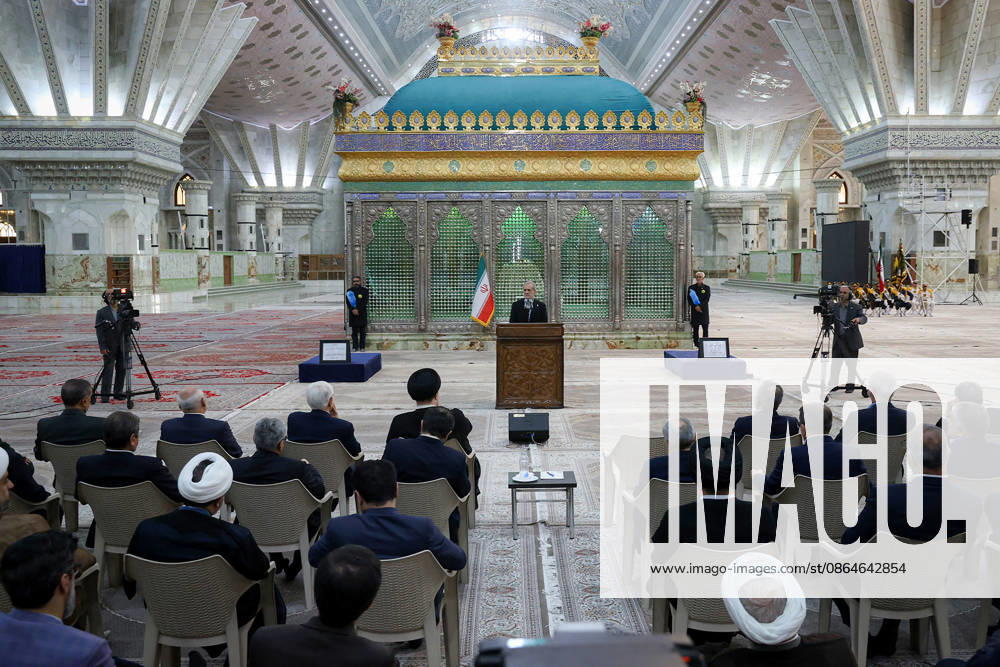 Iranian President Masoud Pezeshkian (C) speaks during an event to mark the first day of the Government Week at the mausoleum of Ayatollah Ruhollah Khomeini, the founder of the Islamic Republic of Iran, in Tehran, Iran on August 23, 2026. Iranian President Masoud Pezeshkian declared that no power will be able to force the Iranian people into surrender. He dismissed claims that sanctions would turn Iran into another Venezuela, saying that has not happened. He stressed the need to begin conserving gasoline consumption through government measures, including a plan to reduce the number and fuel use of government vehicles. IRN2026082301 IranianxPresidency