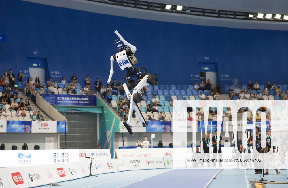 A humanoid robot competes during the Long Jump event on day 2 of the 2nd World Humanoid Robot Games at National Speed Skating Oval on August 23, 2026 in Beijing, China.