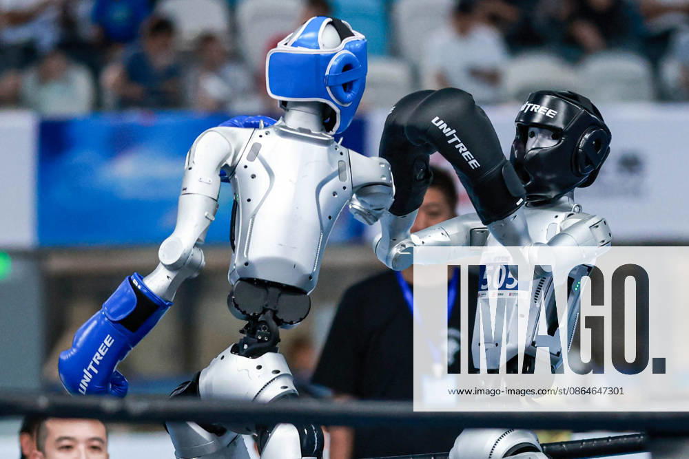 Robots compete in the Kickboxing event on day 2 of the 2nd World Humanoid Robot Games at National Speed Skating Oval on August 23, 2026 in Beijing, China.