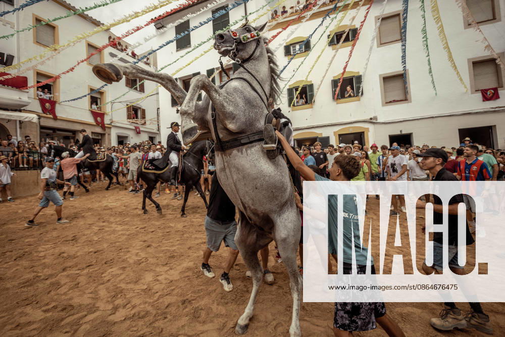A caixer, or horse rider, rears his horse amid a cheering crowd during the traditional Jaleo at the Sant Bartomeu Festival in Ferreries. Ferreries Spain - ZUMAo105 20260824_fap_o105_030