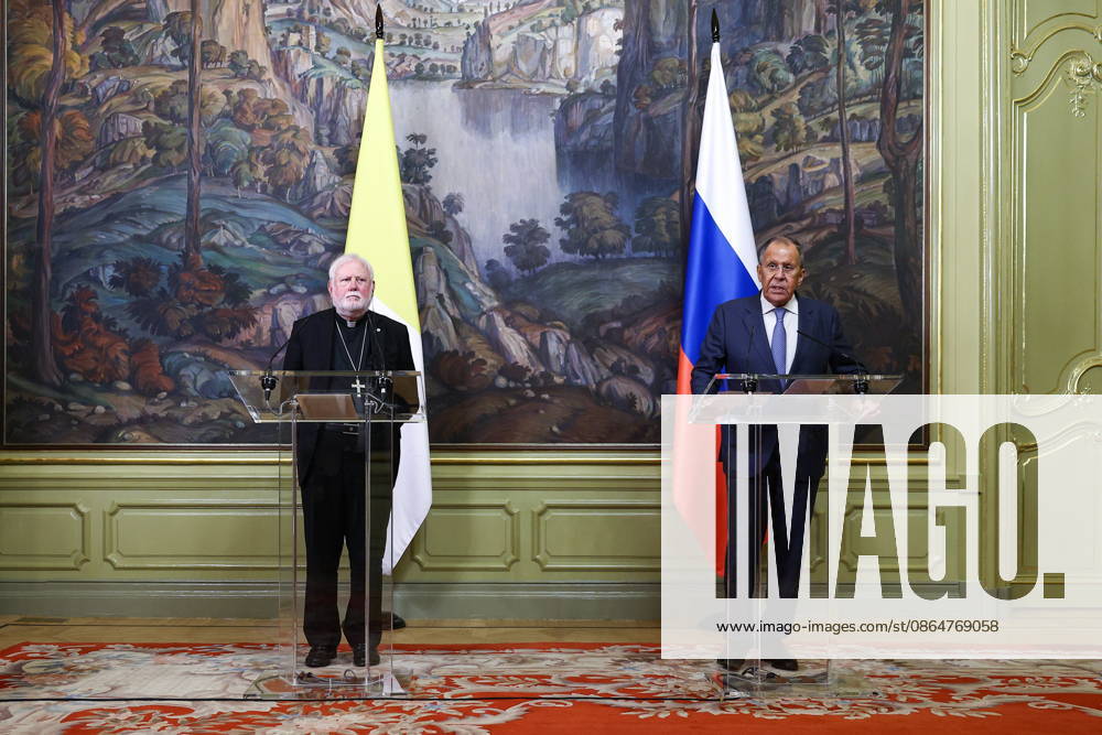 RUSSIA, MOSCOW - AUGUST 25, 2026: Archbishop Paul Richard Gallagher (L), Vatican s Secretary for Relations with States, and Russia s Foreign Minister Sergei Lavrov give a press briefing following their talks at the Reception House of the Russian Foreign Ministry. Sergei Bulkin TASS 96627787