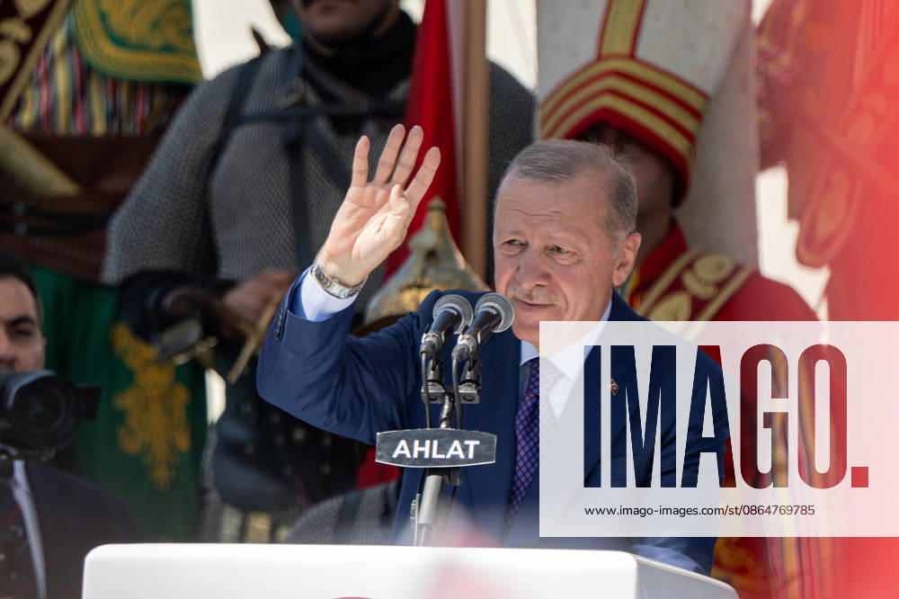 Turkish President Recep Tayyip Erdogan BITLIS, TURKIYE - AUGUST 25: Turkish President Recep Tayyip Erdogan delivers a speech as he attends a ceremony marking the 955th anniversary of the Manzikert (Malazgirt) Victory during the Ahlat Events Area Program at the Recep Tayyip Erdogan Nation s Garden in the Ahlat district of Bitlis, Turkiye, on August 25, 2026. Celal Gunes Anadolu Bitlis Turkey. Editorial use only. Please get in touch for any other usage.