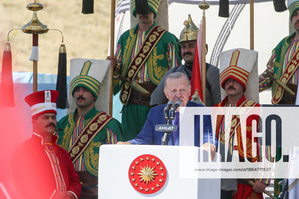Turkish President Recep Tayyip Erdogan BITLIS, TURKIYE - AUGUST 25: Turkish President Recep Tayyip Erdogan delivers a speech as he attends a ceremony marking the 955th anniversary of the Manzikert (Malazgirt) Victory during the Ahlat Events Area Program at the Recep Tayyip Erdogan Nation s Garden in the Ahlat district of Bitlis, Turkiye, on August 25, 2026. Ibrahim Yaldiz Anadolu Bitlis Turkey. Editorial use only. Please get in touch for any other usage.