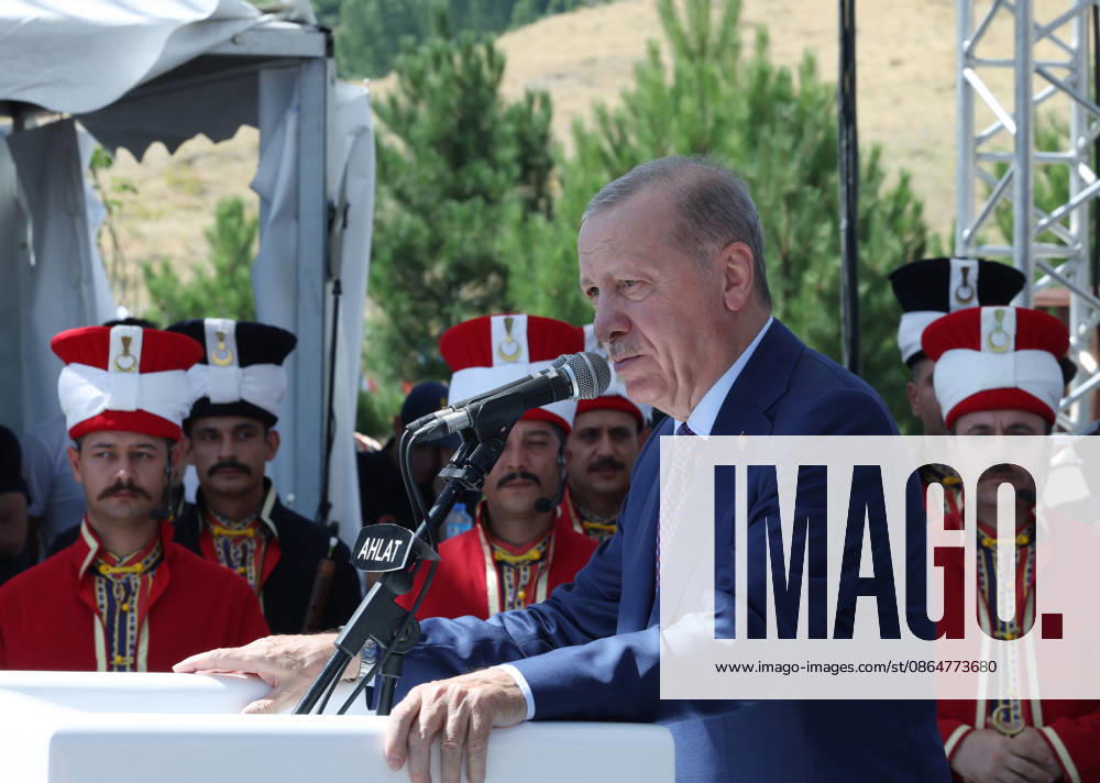 Turkish President Recep Tayyip Erdogan BITLIS, TURKIYE - AUGUST 25: (---- - MANDATORY CREDIT - TURKISH PRESIDENCY MUSTAFA KAMACI HANDOUT - NO MARKETING NO ADVERTISING CAMPAIGNS - DISTRIBUTED AS A SERVICE TO CLIENTS----) Turkish President Recep Tayyip Erdogan delivers a speech as he attends a ceremony marking the 955th anniversary of the Manzikert (Malazgirt) Victory during the Ahlat Events Area Program at the Recep Tayyip Erdogan Nation s Garden in the Ahlat district of Bitlis, Turkiye, on August 25, 2026. Tur Presidency Mustafa Kamaci Anadolu Bitlis Turkey. Editorial use only. Please get in touch for any other usage.