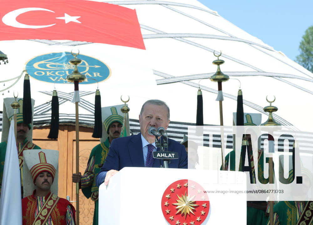 Turkish President Recep Tayyip Erdogan BITLIS, TURKIYE - AUGUST 25: (---- - MANDATORY CREDIT - TURKISH PRESIDENCY MUSTAFA KAMACI HANDOUT - NO MARKETING NO ADVERTISING CAMPAIGNS - DISTRIBUTED AS A SERVICE TO CLIENTS----) Turkish President Recep Tayyip Erdogan delivers a speech as he attends a ceremony marking the 955th anniversary of the Manzikert (Malazgirt) Victory during the Ahlat Events Area Program at the Recep Tayyip Erdogan Nation s Garden in the Ahlat district of Bitlis, Turkiye, on August 25, 2026. Tur Presidency Mustafa Kamaci Anadolu Bitlis Turkey. Editorial use only. Please get in touch for any other usage.