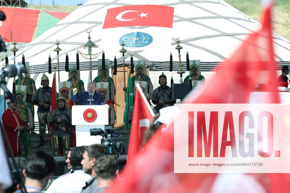 Turkish President Recep Tayyip Erdogan BITLIS, TURKIYE - AUGUST 25: (---- - MANDATORY CREDIT - TURKISH PRESIDENCY MUSTAFA KAMACI HANDOUT - NO MARKETING NO ADVERTISING CAMPAIGNS - DISTRIBUTED AS A SERVICE TO CLIENTS----) Turkish President Recep Tayyip Erdogan delivers a speech as he attends a ceremony marking the 955th anniversary of the Manzikert (Malazgirt) Victory during the Ahlat Events Area Program at the Recep Tayyip Erdogan Nation s Garden in the Ahlat district of Bitlis, Turkiye, on August 25, 2026. Tur Presidency Mustafa Kamaci Anadolu Bitlis Turkey. Editorial use only. Please get in touch for any other usage.