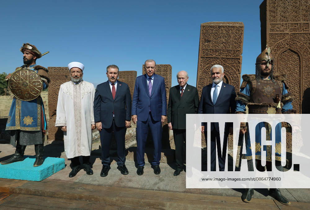 Turkish President Recep Tayyip Erdogan visits Seljuk Square Cemetery in eastern Turkiye BITLIS, TURKIYE - AUGUST 25: (---- - MANDATORY CREDIT - TURKISH PRESIDENCY MURAT CETINMUHURDAR HANDOUT - NO MARKETING NO ADVERTISING CAMPAIGNS - DISTRIBUTED AS A SERVICE TO CLIENTS----) Turkish President Recep Tayyip Erdogan poses for a photo with Nationalist Movement Party (MHP) Chairman Devlet Bahceli (2nd R), Great Unity Party (BBP) Chairman Mustafa Destici (2nd L), Free Cause Party (HUDA PAR) Chairman Zekeriya Yapicioglu (R) and President of Religious Affairs Safi Arpagus (L) during his visit to the Seljuk Square Cemetery in Ahlat district of Bitlis, Turkiye, on August 25, 2026. Turkish President Recep Tayyip Erdogan visited A