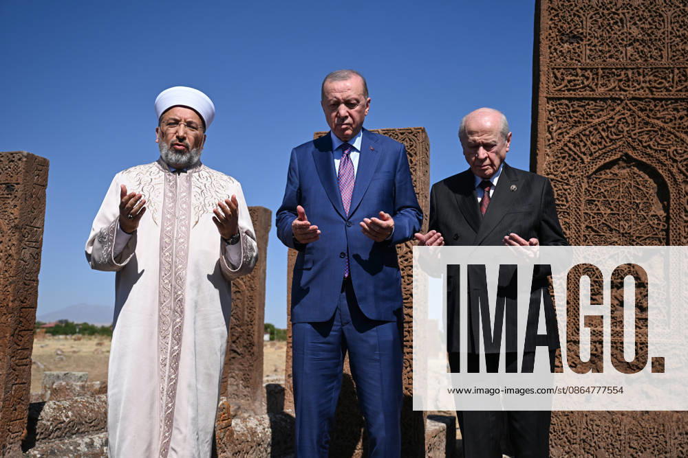 Erdogan visits Seljuk Square Cemetery in Turkiye s Bitlis BITLIS, TURKIYE - AUGUST 25: Turkish President Recep Tayyip Erdogan, Nationalist Movement Party (MHP) Chairman Devlet Bahceli (R) and President of Religious Affairs Safi Arpagus (L) visit the Seljuk Square Cemetery, as part of ceremonies marking the 955th anniversary of the Victory of Malazgirt, in Ahlat, Bitlis, Turkiye on August 25, 2026. Ozkan Bilgin Anadolu Bitlis Turkey. Editorial use only. Please get in touch for any other usage.