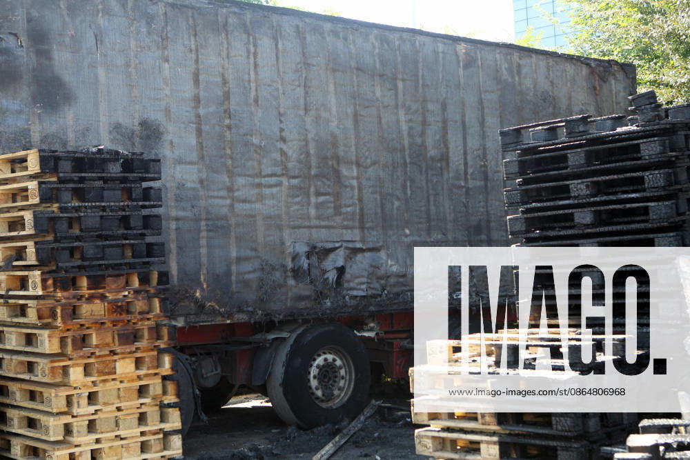 A trailer truck and burnt wooden pallets that caught fire as a result of a nighttime Russian UAV attack are in a parking lot near a shopping and entertainment centre in Dnipro, Ukraine, August 25, 2026. Fires broke out inside and near the shopping mall as a result of the Russian attack. (Photo by Mykola Miakshykov Ukrinform) Russian attack hits parking lot near shopping mall in Dnipro suburb