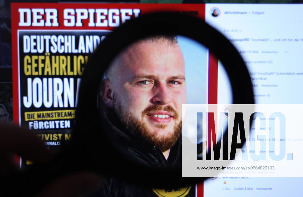 On a laptop, the Instagram channel of Matthäus Westfal, also known as Aktivist Mann, was opened. A magnifying glass points to a parody cover he designed for the news magazine *Der Spiegel*, bearing the headline Germany’s Most Dangerous Journa