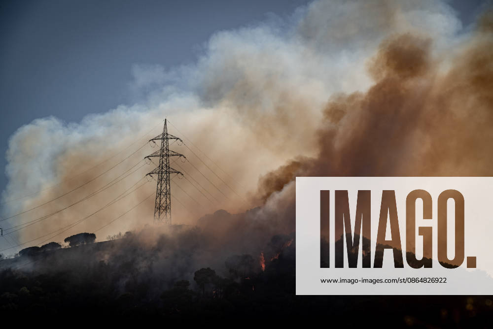 Smoke rises from a wildfire burning in the Collserola mountain range in Barcelona as flames spread through forested areas beneath high voltage power lines. The fire has affected the city s Nou Barris district, prompting authorities to evacuate and shelter residents in the Torre Baro³ and Ciutat Meridiana neighborhoods. Barcelona Spain - ZUMAb137 20260825_fap_b137_009