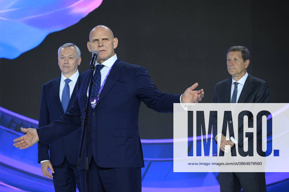 Russia Technoprom International Forum 9228769 26.08.2026 From left, Novosibirsk Region Governor Andrei Travnikov, Member of the Russian Federation Council Committee on Foreign Affairs Alexander Karelin and State Duma First Deputy Speaker Alexander Zhukov attend the opening ceremony of the Technoprom International Forum of Technological Development in Novosibirsk, Russia. Alexandr Kryazhev Sputnik Novosibirsk Russia