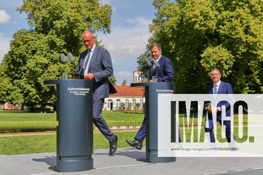 Neuhardenberg, Brandenburg, Germany, August 26, 2026, Neuhardenberg Castle Cabinet Retreat Press Conference at the Conclusion of the Cabinet Retreat with Federal Chancellor Friedrich Merz (CDU), Federal Minister of Finance Lars Klingbeil (SPD), and Federal Minister of the Interior Alexander Dobrindt (CSU)