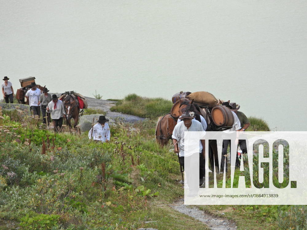Switzerland Grimsel Pass Saeumerfest 23 Years of Sprinz Route from Sachseln to Domodossola Stage 4: Guttannen–Obergesteln Photo: The Saeumer with their horses climbing the Grimsel Pass; the Grimsel Lake in the background