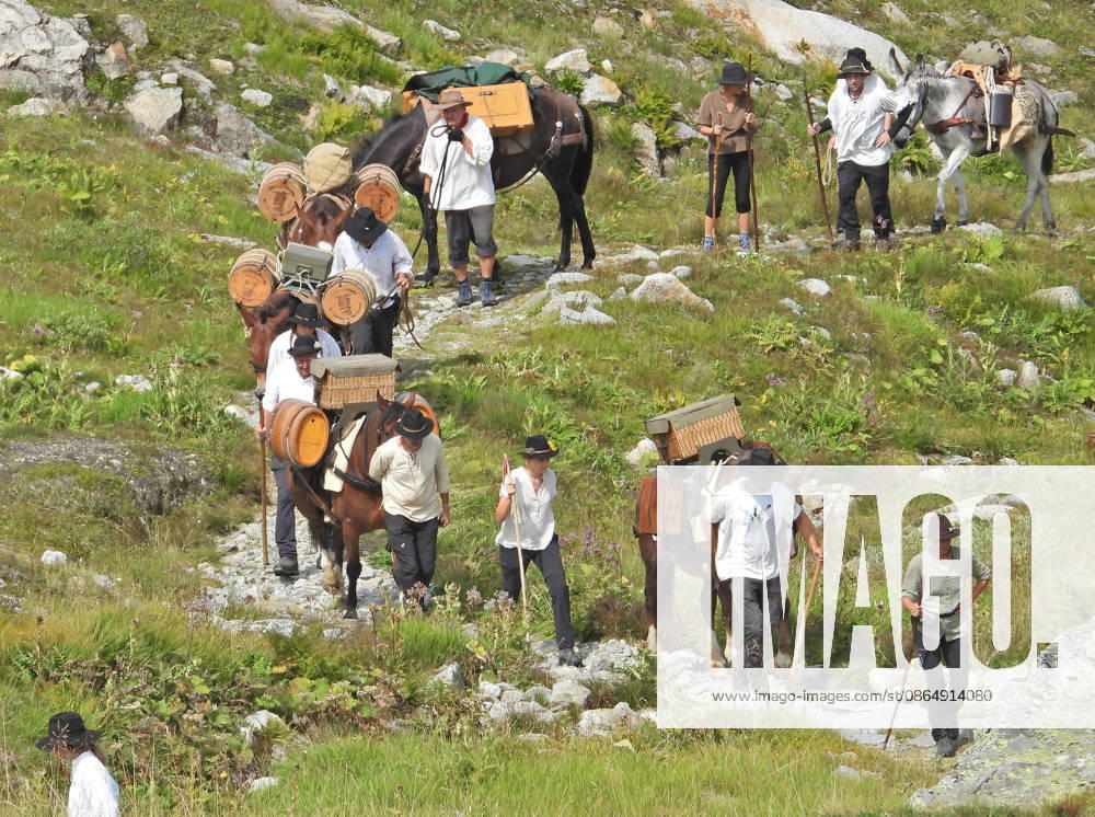 Switzerland, Grimsel Pass, Saeumerfest (23rd Anniversary), Sprinz Route from Sachseln to Domodossola, Stage 4: Guttannen–Obergesteln. Photo: The Saeumer with their horses on the ascent to the Grimsel Pass