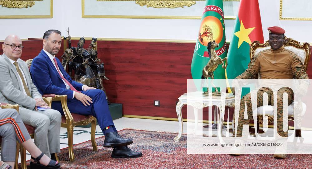Belgian Ambassador to Burkina Faso Erwin De Wandel and Belgian Foreign Minister Maxime Prevot pictured during a meeting with Burkina Faso President Ibrahim Traore at Presidential palace of Koulouba on the second day of a diplomatic mission of Belgian Foreign Minister in the Sahel region, in Ouagadougou, Burkina Faso. BENOITxDOPPAGNE 184471673