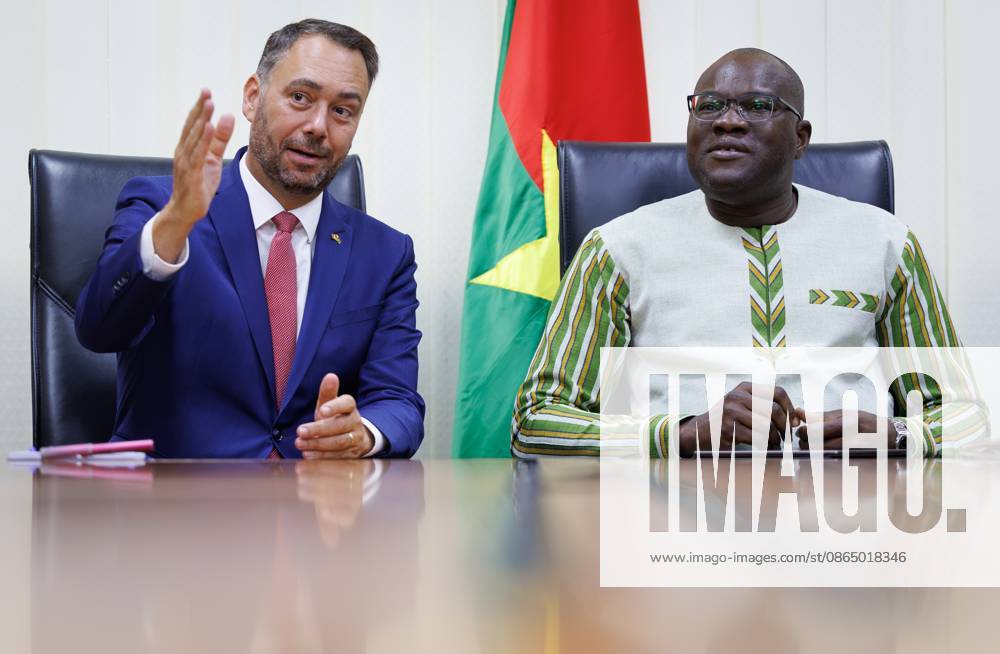 Belgian Foreign Minister Maxime Prevot and Burkina Faso Minister for the Economy and Finance Aboubakar Nacanabo pictured on the second day of a diplomatic mission of Belgian Foreign Minister in the Sahel region, in Ouagadougou, Burkina Faso. BENOITxDOPPAGNE 184473319
