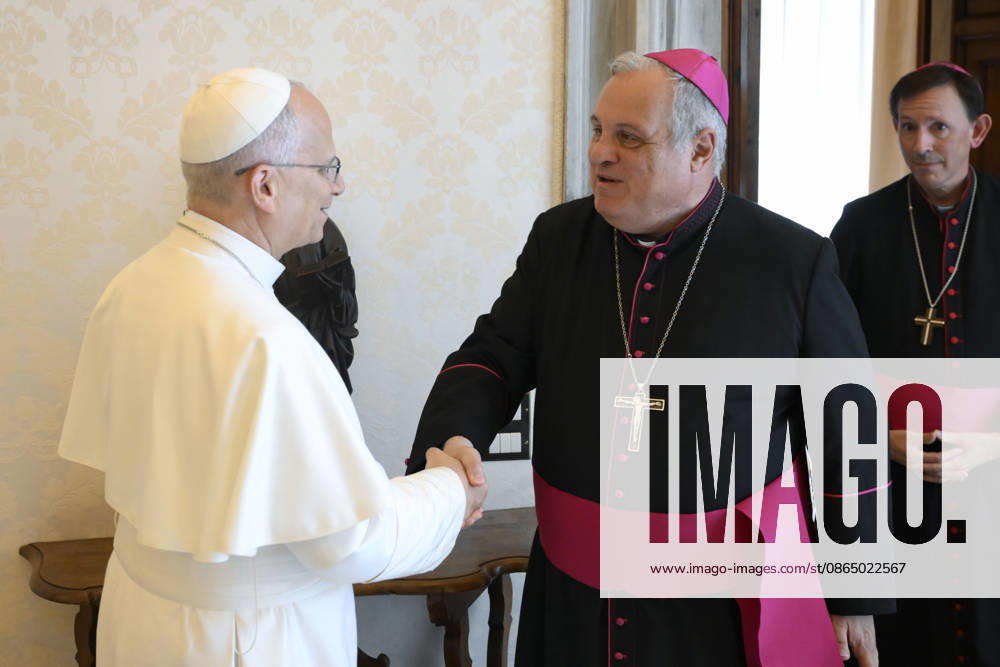 Pope Leo XIV private audience Italy, Rome , Vatican, 2026 8 27 Pope Leo XIV shakes hands with Archbishop Marcelo Colombo, president of the Episcopal Conference as he receives in a private audience Argentine Episcopal Conference in The Vatican - NO BOOKS