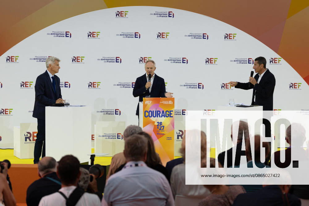 Second day of La REF 2026 meeting - Paris French Communist party national secretary Fabien Roussel, President of Frances mayors association and mayor of Cannes David Lisnard during the La REF 2026 meeting of French entrepreneurs, organised by the MEDEF, France s main employers federation, at the Roland-Garros venue in Paris on August 27, 2026. Photo by Raphael Lafargue ABACAPRESS.COM Paris France