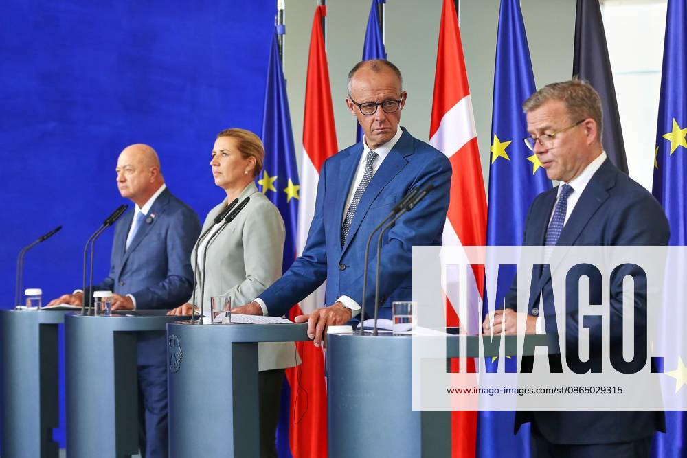 Berlin, Germany, August 27, 2026; Federal Chancellery: Reception for like-minded heads of government to discuss the EU financial framework—L-R: Christian Stocker (Austria), Mette Frederiksen (Denmark), Federal Chancellor Friedrich Merz (CDU, Germany), Petteri Orpo (Finland)
