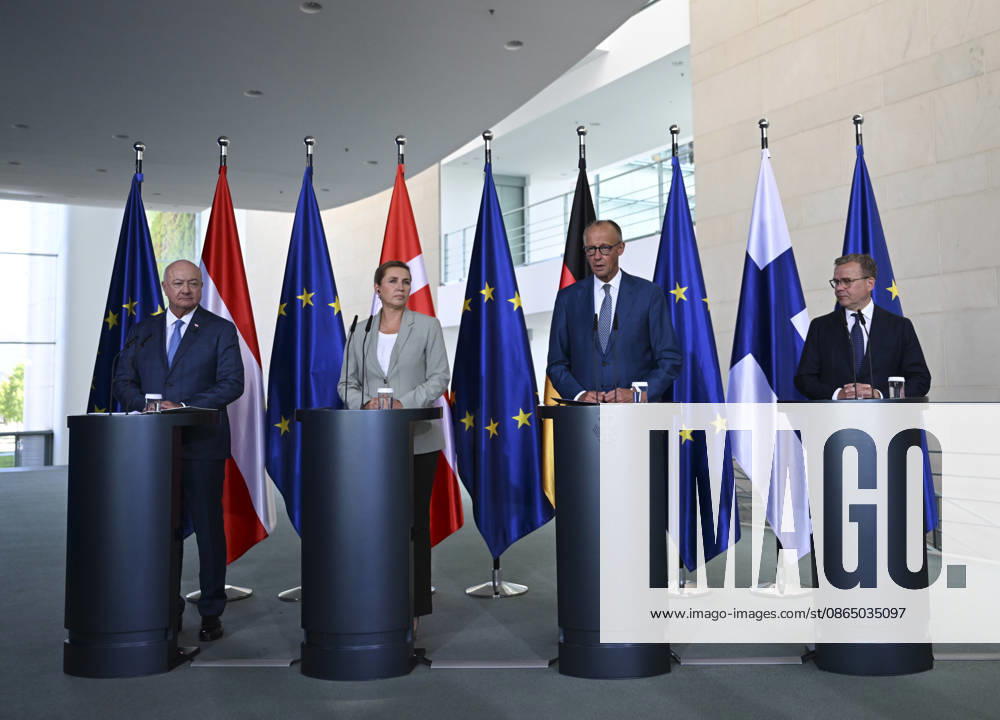 German Chancellor Merz hosts Austrian, Danish, and Finnish counterparts in Berlin BERLIN, GERMANY - AUGUST 27: (L-R) Chancellor of Austria Christian Stocker, Prime Minister of Denmark Mette Frederiksen, Chancellor of Germany Friedrich Merz, and Prime Minister of Finland Petteri Orpo attend a joint press conference following their quadripartite meeting at the Federal Chancellery in Berlin, Germany, on August 27, 2026. The European leaders met to discuss regional security, European Union policies, and economic cooperation. Halil Sagirkaya Anadolu Berlin Germany. Editorial use only. Please get in touch for any other usage.