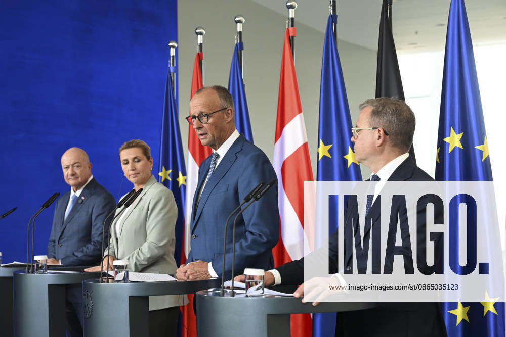 German Chancellor Merz hosts Austrian, Danish, and Finnish counterparts in Berlin BERLIN, GERMANY - AUGUST 27: (L-R) Chancellor of Austria Christian Stocker, Prime Minister of Denmark Mette Frederiksen, Chancellor of Germany Friedrich Merz, and Prime Minister of Finland Petteri Orpo attend a joint press conference following their quadripartite meeting at the Federal Chancellery in Berlin, Germany, on August 27, 2026. The European leaders met to discuss regional security, European Union policies, and economic cooperation. Halil Sagirkaya Anadolu Berlin Germany. Editorial use only. Please get in touch for any other usage.