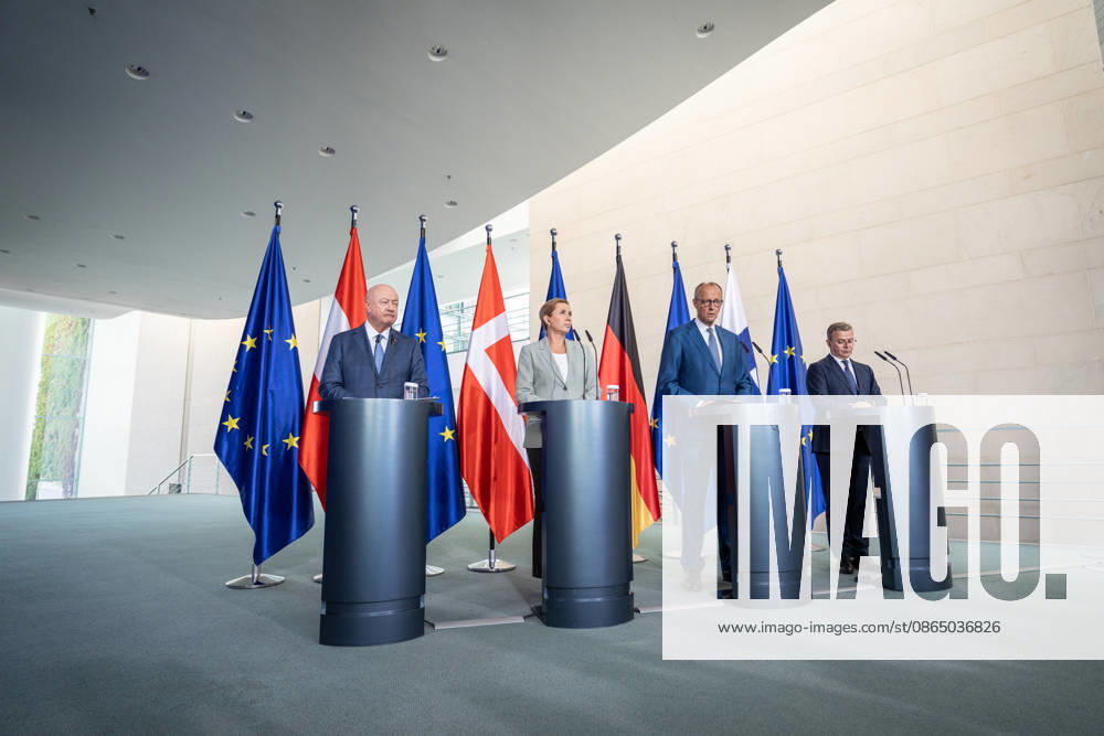 Christian Stocker, Chancellor of Austria; Friedrich Merz, Chancellor of Germany; Mette Frederiksen, Minister of State of Denmark; Petteri Orpo, Prime Minister of Finland (from left to right): Meeting of the heads of state and government of several like-minded EU member states regarding the next Multiannual Financial Framework at the Federal Chancellery, Berlin, Germany, Fed
