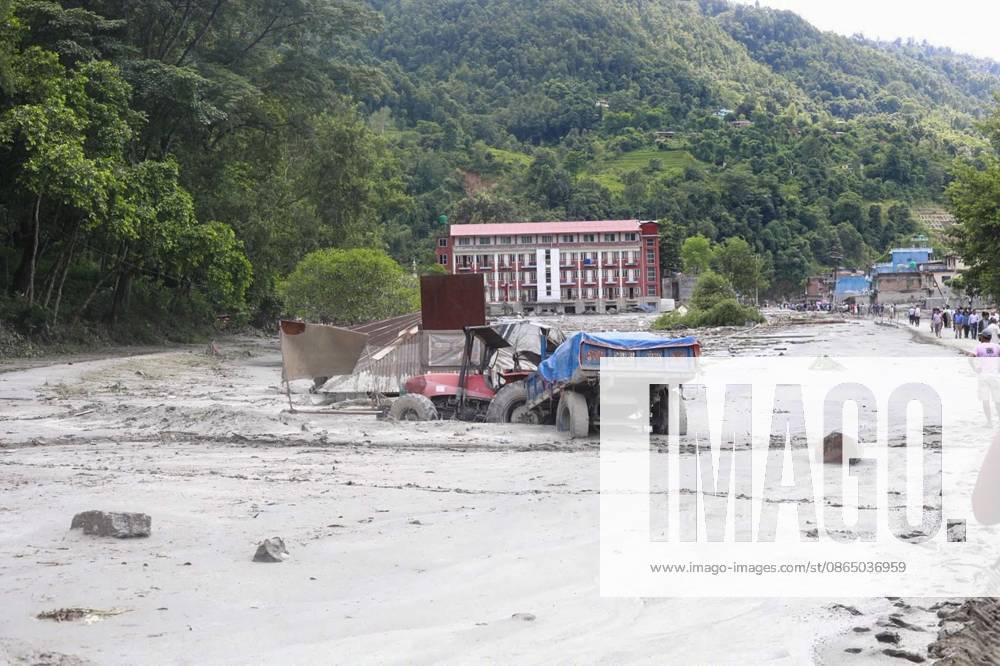 NUWAKOT, NEPAL, AUGUST 26, 2026: Houses and other structures in Trishuli Devighat Bazaar, Nuwakot, are seen damaged following flooding in the Bhotekoshi River in Rasuwa. Nuwakot Nepal - ZUMAq101 20260827_zna_q101_007